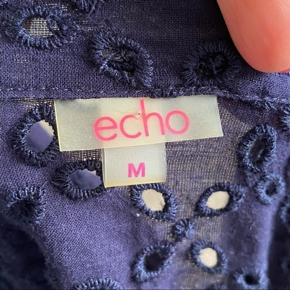 Echo Navy Eyelet Swim/Beach Cover-up Tunic, Silver O-Ring Plunge Neck, Medium - Picture 13 of 16